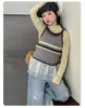 Conjunto de Roupa para Meninas 2026 Primavera e Outono Tricô Listrado Camisole + Camiseta Básica Moda Top e Calça Jeans Conjunto