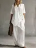 Conjunto de dos piezas de moda casual transfronteriza europea y americana para mujer, color liso, cuello en V, holgado, manga corta, cárdigan y pantalones largos