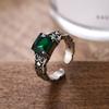 Anel Vintage com Padrão de Grama Tang Zircônio Verde Moda Feminina Indústria Pesada Exquisito Versátil Toque de Luxo Anel Aberto para Dedo 2024 Novo
