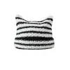 Chapéu de tricô estilo Yabi com orelhas de gato para mulheres, outono e inverno, chapéu de lã listrado fofo, versão coreana, chapéu quente para puxar