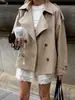 Gabardina corta cruzada vintage europea y americana, otoño e invierno 2026, color caqui, cuello de solapa, entallada en la cintura, cárdigan de manga larga