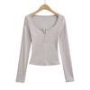 2024 Principios de Otoño Nuevo Hombro Cintura Alta Ajustada Cuello Medio Abierto Camiseta de Manga Larga para Mujer Cuello U Clavícula Camiseta Básica Interior