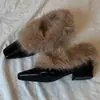 Primer Encuentro Temporada Invierno Más Terciopelo Cálido Tacón Medio Zapatos Pequeños de Cuero para Mujer Punta Cuadrada Tacón Grueso Zapatos de Una Pieza Slip-On Zapatos Peludos