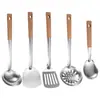Espátula Colher de Aço Inoxidável Colher para Fritura Doméstica Espátula Colher Espátula de Cozinha Escorredor Espessado Anti-Escaldante Textura de Madeira Conjunto de Utensílios de Cozinha