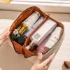 Bolsa de Maquillaje Personalizada de Cuero PU a Cuadros Transfronteriza Bolsa de Almacenamiento de Gran Capacidad Portátil a Mano Bolsa de Tocador Portátil para Viajes