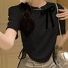 Tiro Real # Camiseta de Manga Corta a la Altura del Hombro con Lazo de Perlas para Mujer 2025 Nuevo Estilo Top Corto Plisado en la Cintura Adelgazante