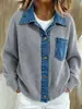 Cardigan de Tricô com Gola Lapela Patchwork Jeans Cruzado Europeu e Americano 2026 Feminino Estilo Preguiçoso Solto Blusão Suéter de Manga Longa Color Block