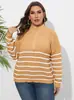 Suéter para Mujer Estilo Nuevo Transfronterizo Europeo y Americano Talla Grande Tejido a Mano Rayado Patchwork Cuello Alto Cremallera Holgado Suéter Tejido
