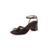 Sandalias Romanas Elegantes Versátiles de Tira Fina Estilo Francés para Mujer, Verano 2025, Textura de Madera, Tacón Grueso, Punta Redonda, Punta Abierta, Correa al Tobillo, Color Nude