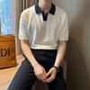 Camisa polo estilo americano com decote em V combinando com cores, leve, estilo maduro, de malha, moderna, respirável, bonita, gola de lapela, manga curta, camiseta de manga curta