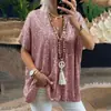 Verano Europeo y Americano Amazon Manga Corta Casual Moda 2024 Nuevo Cuello en V Jersey Lentejuelas Top Camiseta Suelta para Mujer