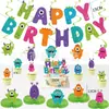 Faixa de aniversário estilo infantil fofo transfronteiriço, faixa colorida de monstro de desenho animado, decoração suspensa em espiral, arranjo de topo de bolo