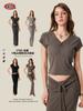Seja Roupas Femininas 2025 Conjunto de Verão Retrô Slim Fit Gola V Manga Curta Camiseta Ski Casual Sexy Conjunto de Saia para Mulheres