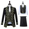 Traje formal para hombre de estilo europeo con ribete dorado, atuendo de corte, conjunto de tres piezas con chaleco para hombre, vestuario de estudio, atuendo de escenario de ópera en blanco y negro