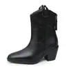 Botas western de cowboy retrô europeias e americanas, salto grosso, bico fino, zíper traseiro, botas da moda de cano médio, atacado para vendas transfronteiriças