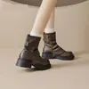 Botas femininas estilo Martin de sola grossa marrom, novo estilo outono e inverno 2026, botas de algodão forradas com fleece, botas curtas de salto empilhado estilo britânico