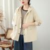 Otoño Nuevo Cordón Sombrero Ancho Chaqueta Holgada Talla Grande Bolsillo Algodón Lavado Versátil Casual Cremallera Manga Larga Top