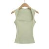 Top Base Ajustado Elástico para Mujer, Escote en U Bajo, Cubre Pecho Lateral, Tirantes Cuadrados Anchos en los Hombros, Sin Mangas, Ceñidor de Cintura