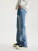 Calça jeans masculina lavada com estampa de rachadura de raio, estilo high street americano, lavada e desgastada, calça casual de perna reta e larga