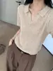 Camiseta de tricô com gola polo vazada estilo coreano para mulheres, estilo summer old money, elegante, modelagem solta, afina a silhueta, top com ombro normal