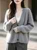 Cardigan Grosso Costurado Sete Pontos 100% Lã Feminino, Casaco de Tricô Quente, Macio e Liso para Outono/Inverno