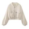 Chaqueta Bomber de Lino Holgada con Bolsillos Decorados, Estilo Verano 2024 Europeo y Americano