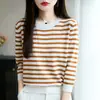 25 suéteres nuevos de punto de algodón a rayas para otoño e invierno para mujer, cuello redondo, corte holgado, elegantes y rejuvenecedores, perfectos como capa base o prenda superior