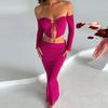 Terno de vestido transfronteiriço europeu e americano, outono, novo, sexy, moderno, tudo combinando, slim-fit, cor sólida, bainha, saia longa