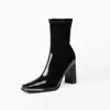 Botas Chelsea Femininas, Novo Estilo Primavera e Outono 2026, Salto Grosso, Bico Quadrado, Botas Elásticas Slim da Moda, Botas de Cano Curto de Salto Alto em Couro Envernizado