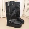 Botas de outono, botas de cavaleiro Maillard, botas longas da moda com sola grossa de cano alto e perna larga para mulheres baixinhas