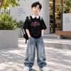 Nuevo Estilo Niños Tendencia Fútbol Manga Corta Jeans Ropa Marca de Moda Comercio Exterior Ropa Infantil Niños Conjunto de Verano