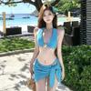 Biquíni Azul Texturizado Novo Estilo 2025, Maiô Estilo Saia Dividida Clareador de Pele, Conjunto de Três Peças, Roupa de Banho Sexy para Mulheres, Verão