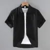 9048 Camisa de Lino de Manga Corta de Verano para Hombre Camisa Casual de Algodón y Lino con Cuello Cuadrado para Hombre Top de Lino de Color Sólido de Media Manga