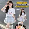 Conjunto de Verano para Niñas 2026 Nuevo Elegante Casual Manga Corta Malla Cuadros Falda Conjunto de Dos Piezas Moderno