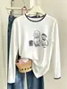 Camiseta de algodón puro para mujer, estilo dos piezas falsas, cuello redondo, manga larga, para otoño, con diseño único, aspecto elegante, efecto rejuvenecedor y versátil como top o capa base