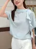 Camisa elegante de manga curta com fitas para mulheres, novo modelo verão 2026, gola redonda, casual, versátil, elegante e jovial