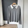 Top de punto bicolor de cuello pequeño para mujer, manga larga, fino, adecuado para ir al trabajo, cuello polo, camiseta básica, top elegante para verano H072801