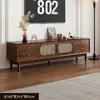 Juego de Mueble de TV y Mesa de Café, Tejido de Ratán Vintage con Marco de Madera Maciza, Mueble de Almacenamiento Estilo Francés para Sala de Estar, Cómoda Doméstica para Apartamento Pequeño