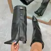 Botas transfronterizas europeas y americanas para mujer, punta fina, caña ancha, hebilla metálica recta, botas de longitud media, talla grande, tacón grueso, botas estilo pantalón para mujer