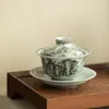 Gaiwan de tres tesoros vidriado estilo antiguo "Paisaje de tinta", cuenco de té cerámico anti-quemaduras estilo chino para el hogar, juego de té kung fu de alta gama, cuenco para preparar té