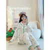 Pijama de Manga Longa com Borda de Cor Contrastante para Mulheres Primavera e Outono Cardigã com Lapela Algodão Nuvem Estampa Longa Dupla Roupa de Casa Conjunto de Duas Peças