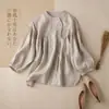 Camisa de Algodón y Lino de Color Sólido con Mangas de Linterna para Mujer 2026, Blusa Holgada Estilo Babydoll con Diseño Elegante y Mangas de Tres Cuartos