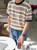 Camiseta Masculina Myq Cor Color Block Listrada Malha Manga Curta Verão Solta Casual Gola Redonda Estilo Coreano