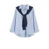 Camisa Azul Moda Casual 2026 Primavera y Otoño Nuevo Estilo Reductora de Edad Camisa de Manga Larga Chal Top de Dos Piezas para Mujer