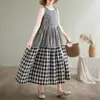 Comercio Exterior Transfronterizo Vestido Chaleco de Lino Estilo Japonés Empalme Degradado Cuadros para Mujer Vestido de Algodón y Lino Artístico Holgado sin Mangas