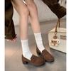 Mocasines Retro Franceses de Punta Redonda con Tacón Grueso para Mujer 2026 Nuevo Otoño Slip-On Versátiles Zapatos de Cuero Zapatos de Tacón Alto