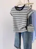 Comércio Exterior Transfronteiriço Atacado 92% Algodão Listrado Petite Ombro Normal Manga Curta Camiseta Feminina Slim Fit Elegante Base Top