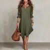 Vestido Casual Perezoso Transfronterizo Europeo y Americano para Mujer 2026 Color Sólido Cuello en V Manga Media Dobladillo con Volantes