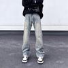 Outono estilo americano high street vintage lavado costura design sentido jeans masculino solto reto hip-hop calças