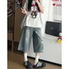 Pantalones Cortos de Mezclilla Rasgados con Estampado de Estrellas Estilo Americano para Mujer, Pierna Recta, Nuevo Estilo de Verano, Tallas Grandes, Corte Holgado, Pantalones de Pierna Ancha Adelgazantes